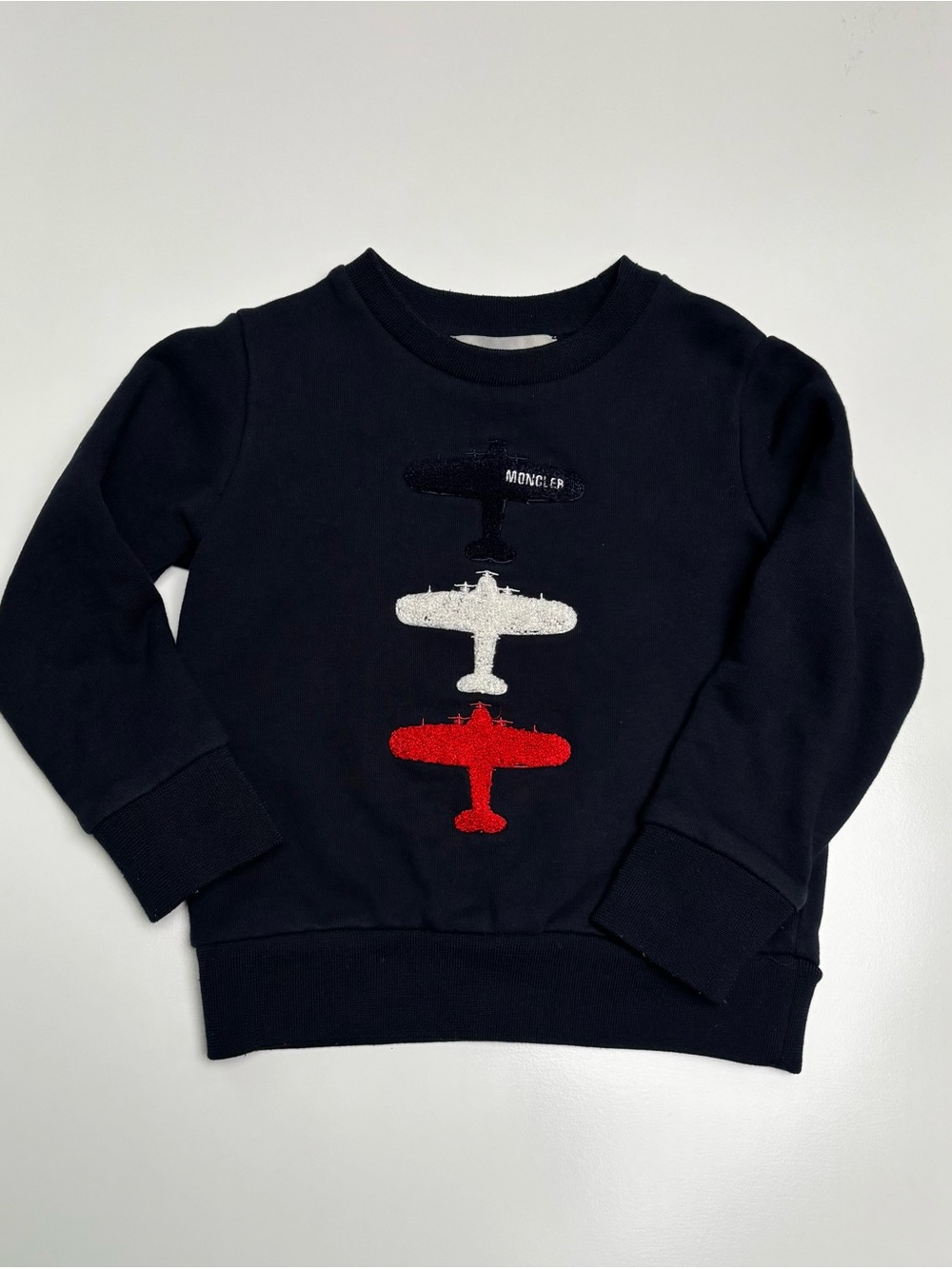 Moncler Kids Navy Sweatshirt with Black, White & Red Plane Appliqués